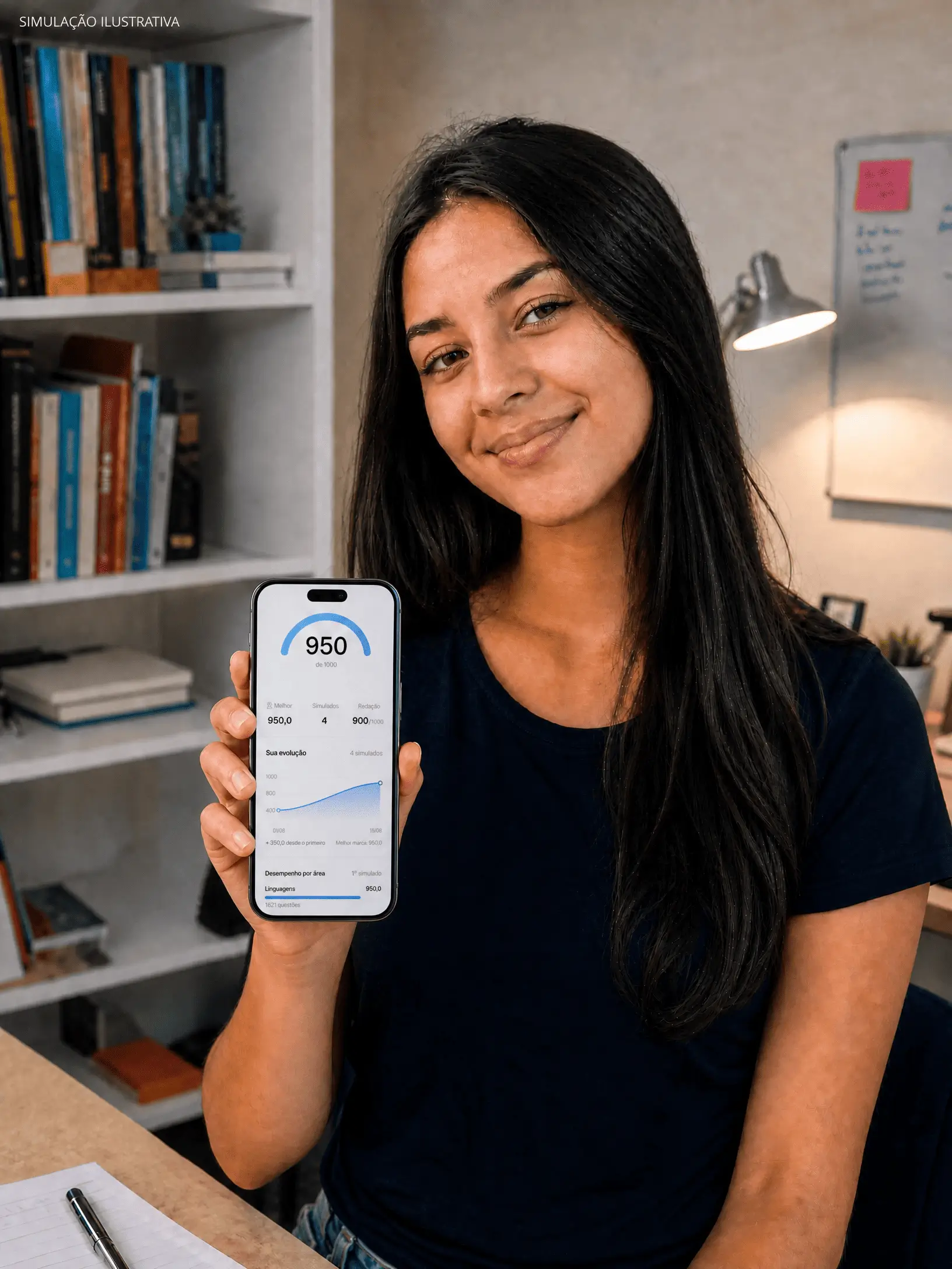 Simulação ilustrativa: uma estudante segura um celular com o painel da plataforma, mostrando nota estimada 950 de 1000, o gráfico de evolução e o desempenho por área.